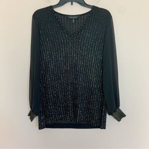 NWT New Ming Wang Black Knit Gold Speckle Sheer Sleeve Blouse Top Size XS